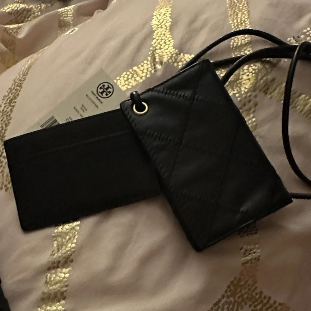 Tory Burch Black Quilted Card Holder Lanyard